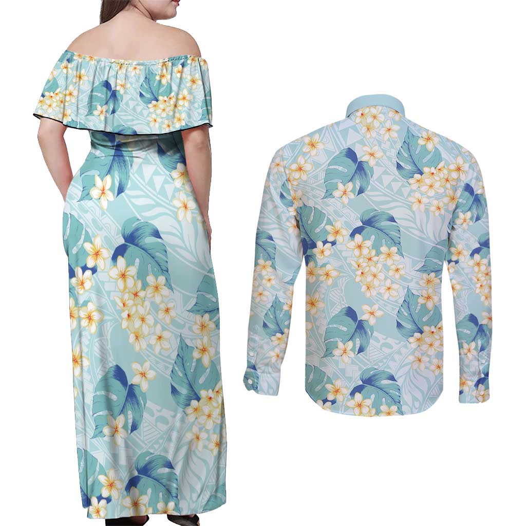 Pastel Cyan Tropical Hawaii Couples Matching Off Shoulder Maxi Dress and Long Sleeve Button Shirt Seamless Monstera Plumeria Hawaiian Pattern - Polynesian Pride