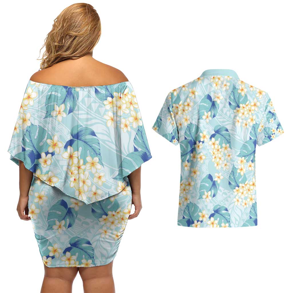 Pastel Cyan Tropical Hawaii Couples Matching Off Shoulder Short Dress and Hawaiian Shirt Seamless Monstera Plumeria Hawaiian Pattern - Polynesian Pride