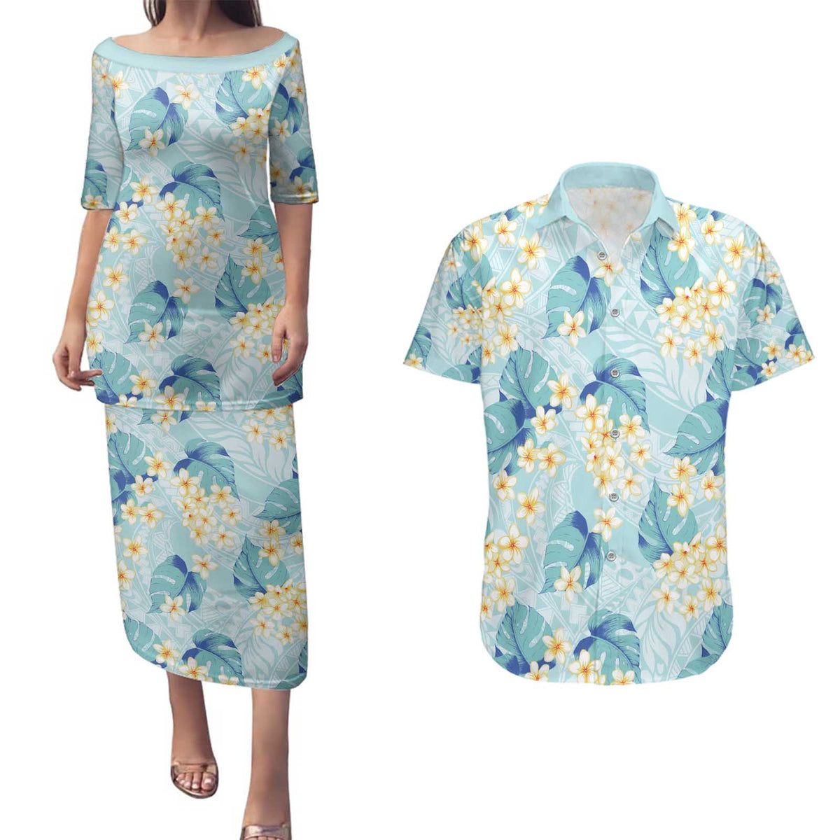 Pastel Cyan Tropical Hawaii Couples Matching Puletasi and Hawaiian Shirt Seamless Monstera Plumeria Hawaiian Pattern LT14 Pastel Cyan - Polynesian Pride