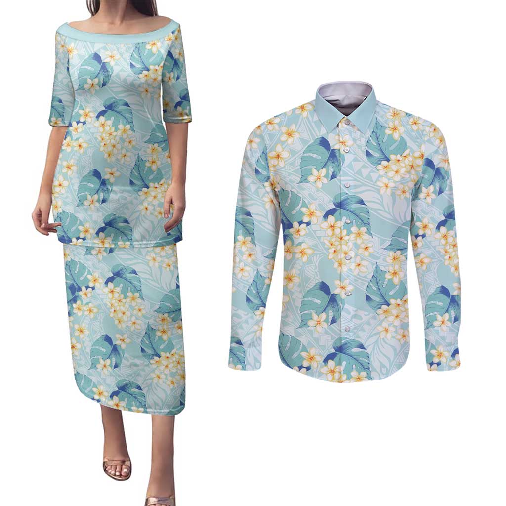 Pastel Cyan Tropical Hawaii Couples Matching Puletasi and Long Sleeve Button Shirt Seamless Monstera Plumeria Hawaiian Pattern LT14 Pastel Cyan - Polynesian Pride