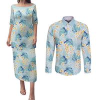 Pastel Cyan Tropical Hawaii Couples Matching Puletasi and Long Sleeve Button Shirt Seamless Monstera Plumeria Hawaiian Pattern LT14 Pastel Cyan - Polynesian Pride