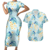 Pastel Cyan Tropical Hawaii Couples Matching Short Sleeve Bodycon Dress and Hawaiian Shirt Seamless Monstera Plumeria Hawaiian Pattern - Polynesian Pride