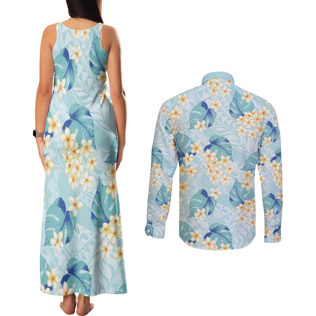Pastel Cyan Tropical Hawaii Couples Matching Tank Maxi Dress and Long Sleeve Button Shirt Seamless Monstera Plumeria Hawaiian Pattern - Polynesian Pride