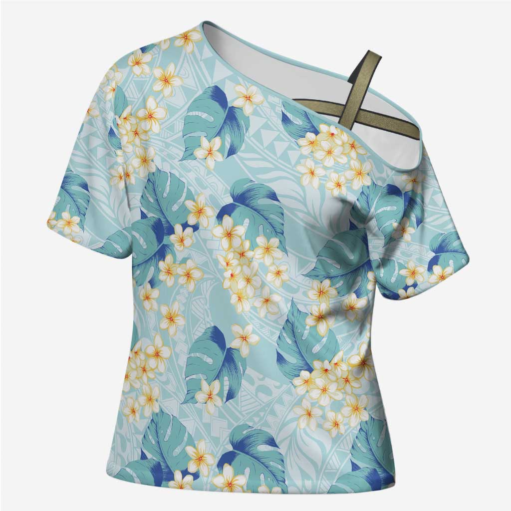 Pastel Cyan Tropical Hawaii Cross Shoulder Shirt Seamless Monstera Plumeria Hawaiian Pattern LT14 Female Pastel Cyan - Polynesian Pride