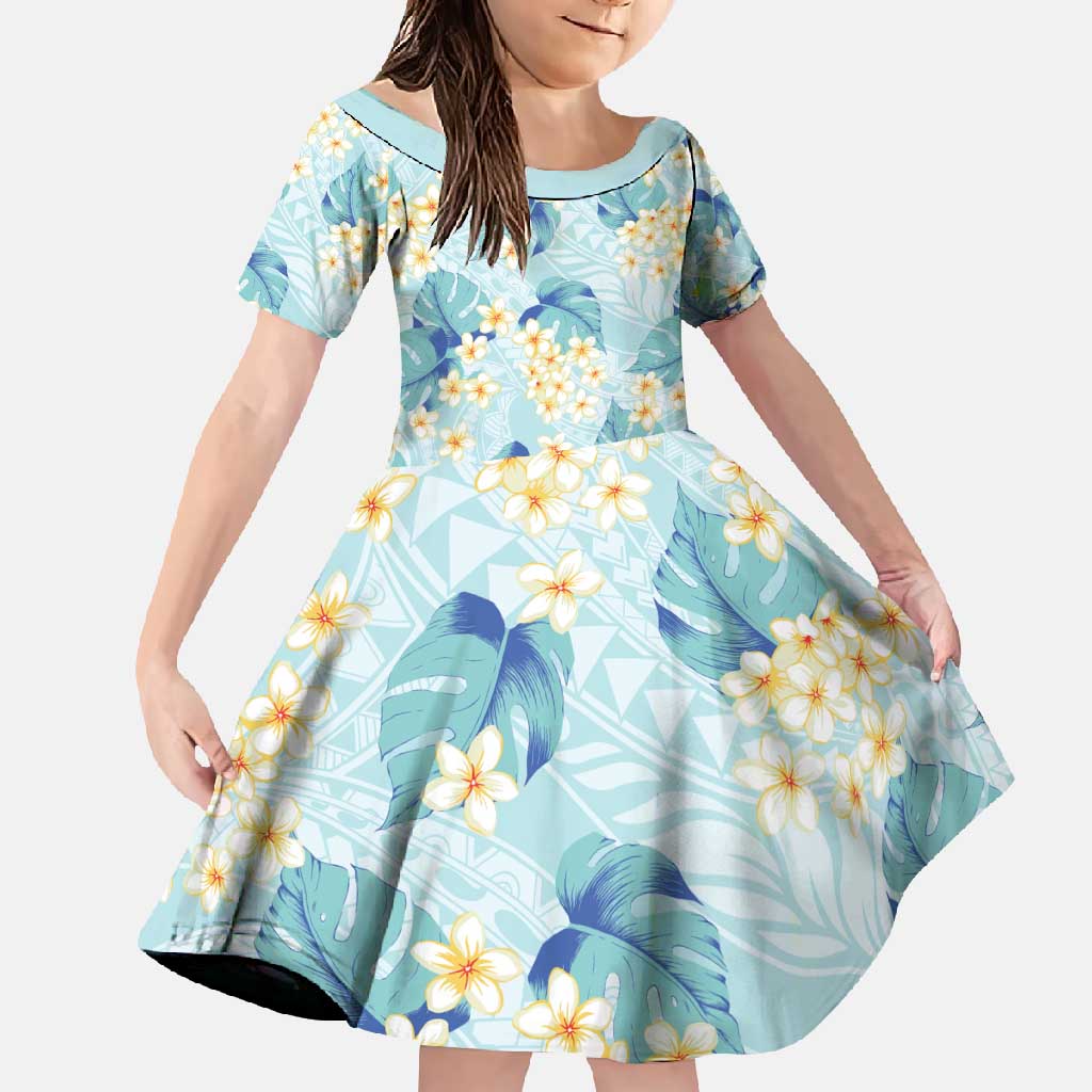 Pastel Cyan Tropical Hawaii Family Matching Long Sleeve Bodycon Dress and Hawaiian Shirt Seamless Monstera Plumeria Hawaiian Pattern - Polynesian Pride