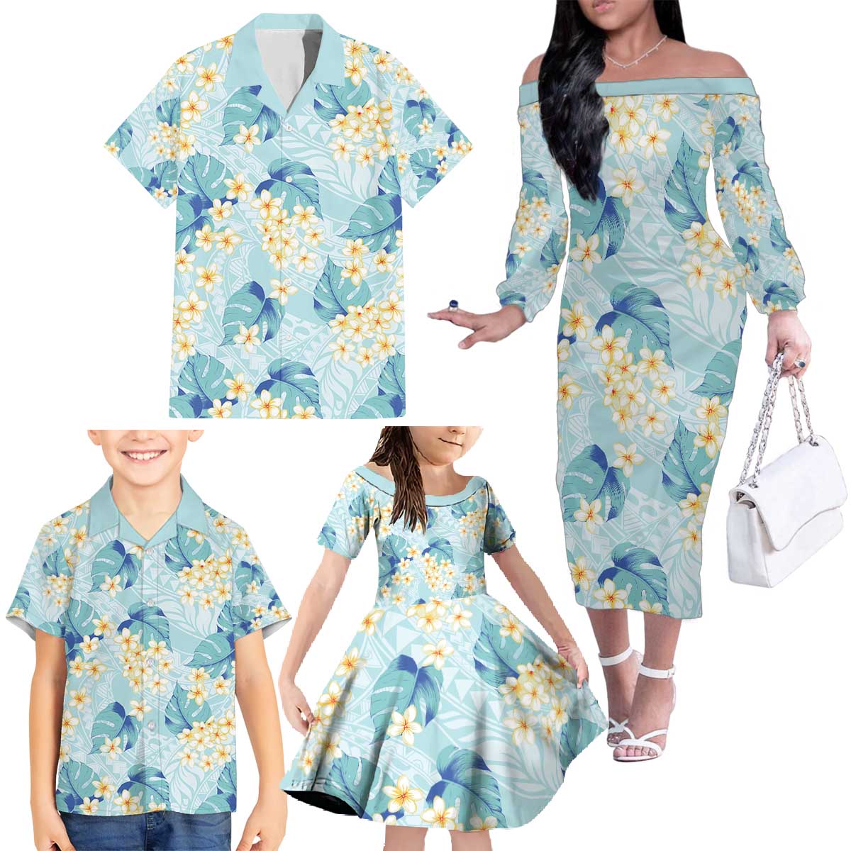 Pastel Cyan Tropical Hawaii Family Matching Off The Shoulder Long Sleeve Dress and Hawaiian Shirt Seamless Monstera Plumeria Hawaiian Pattern - Polynesian Pride