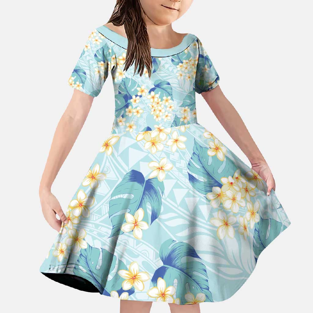 Pastel Cyan Tropical Hawaii Family Matching Off Shoulder Maxi Dress and Hawaiian Shirt Seamless Monstera Plumeria Hawaiian Pattern - Polynesian Pride