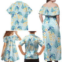 Pastel Cyan Tropical Hawaii Family Matching Off Shoulder Maxi Dress and Hawaiian Shirt Seamless Monstera Plumeria Hawaiian Pattern - Polynesian Pride