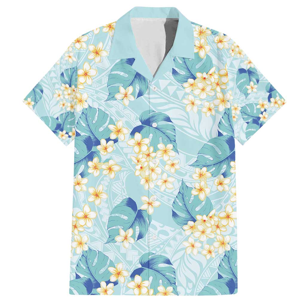 Pastel Cyan Tropical Hawaii Family Matching Off Shoulder Maxi Dress and Hawaiian Shirt Seamless Monstera Plumeria Hawaiian Pattern - Polynesian Pride