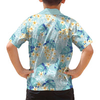 Pastel Cyan Tropical Hawaii Family Matching Off Shoulder Short Dress and Hawaiian Shirt Seamless Monstera Plumeria Hawaiian Pattern - Polynesian Pride