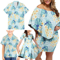 Pastel Cyan Tropical Hawaii Family Matching Off Shoulder Short Dress and Hawaiian Shirt Seamless Monstera Plumeria Hawaiian Pattern - Polynesian Pride