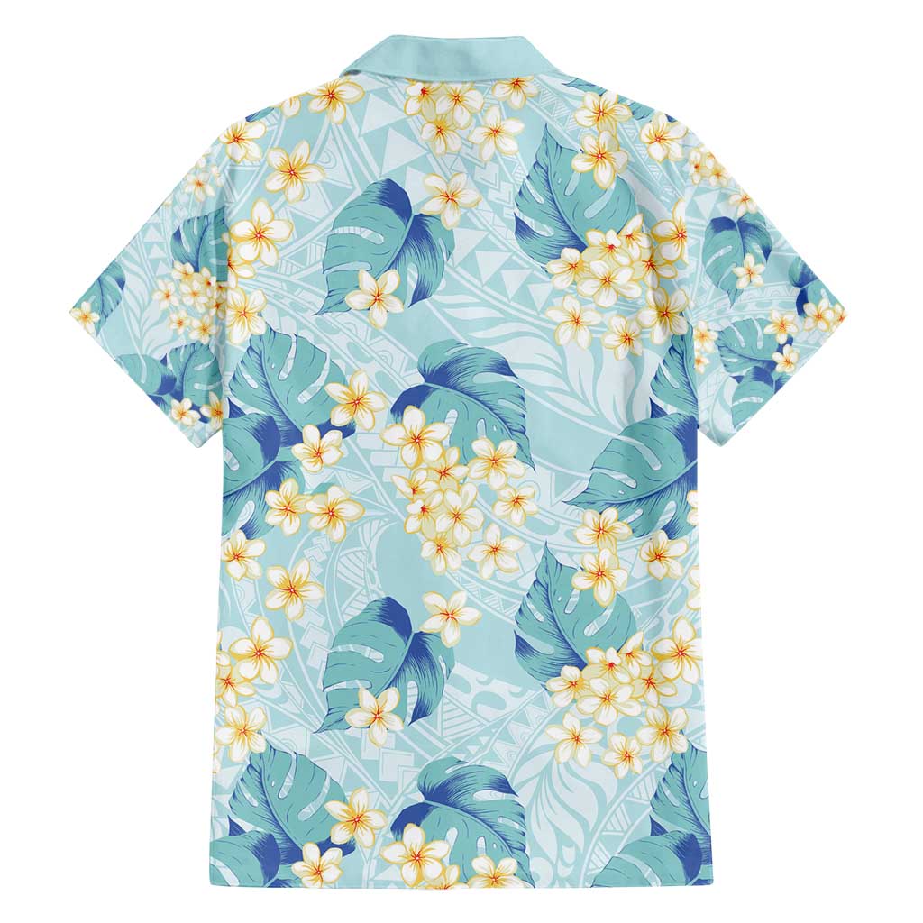 Pastel Cyan Tropical Hawaii Family Matching Off Shoulder Short Dress and Hawaiian Shirt Seamless Monstera Plumeria Hawaiian Pattern - Polynesian Pride
