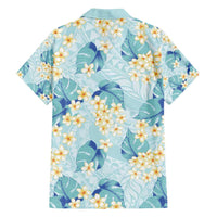Pastel Cyan Tropical Hawaii Family Matching Off Shoulder Short Dress and Hawaiian Shirt Seamless Monstera Plumeria Hawaiian Pattern - Polynesian Pride