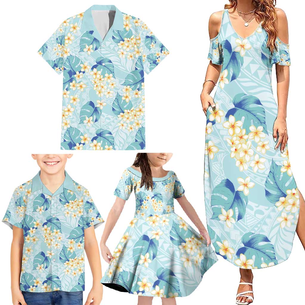 Pastel Cyan Tropical Hawaii Family Matching Summer Maxi Dress and Hawaiian Shirt Seamless Monstera Plumeria Hawaiian Pattern - Polynesian Pride