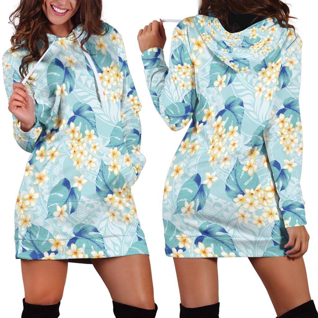 Pastel Cyan Tropical Hawaii Hoodie Dress Seamless Monstera Plumeria Hawaiian Pattern - Polynesian Pride