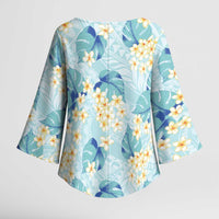 Pastel Cyan Tropical Hawaii Kimono Sleeve Blouse Seamless Monstera Plumeria Hawaiian Pattern - Polynesian Pride