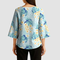 Pastel Cyan Tropical Hawaii Kimono Sleeve Blouse Seamless Monstera Plumeria Hawaiian Pattern - Polynesian Pride