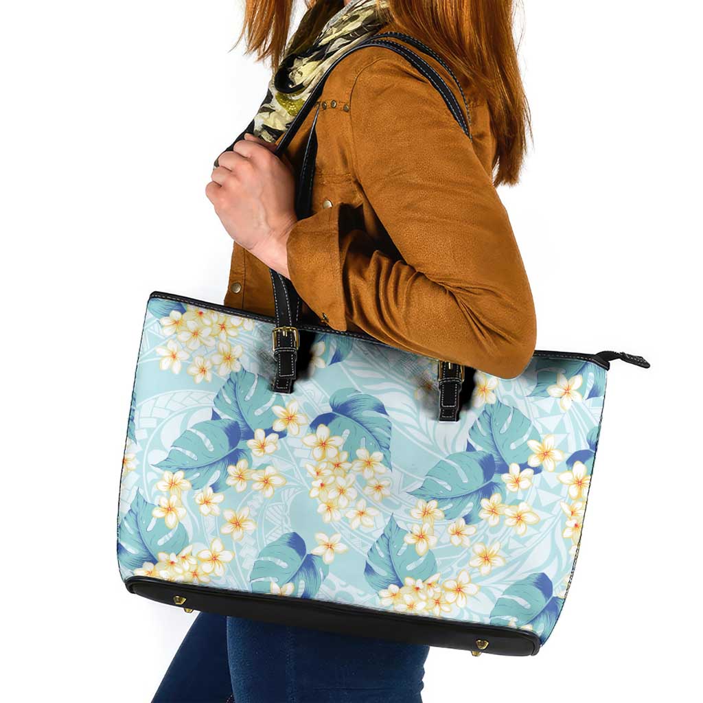 Pastel Cyan Tropical Hawaii Leather Tote Bag Seamless Monstera Plumeria Hawaiian Pattern LT14 Pastel Cyan - Polynesian Pride