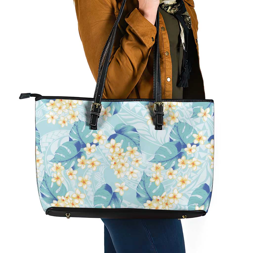 Pastel Cyan Tropical Hawaii Leather Tote Bag Seamless Monstera Plumeria Hawaiian Pattern - Polynesian Pride