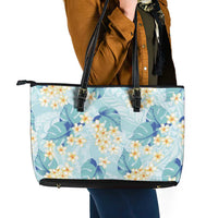 Pastel Cyan Tropical Hawaii Leather Tote Bag Seamless Monstera Plumeria Hawaiian Pattern - Polynesian Pride