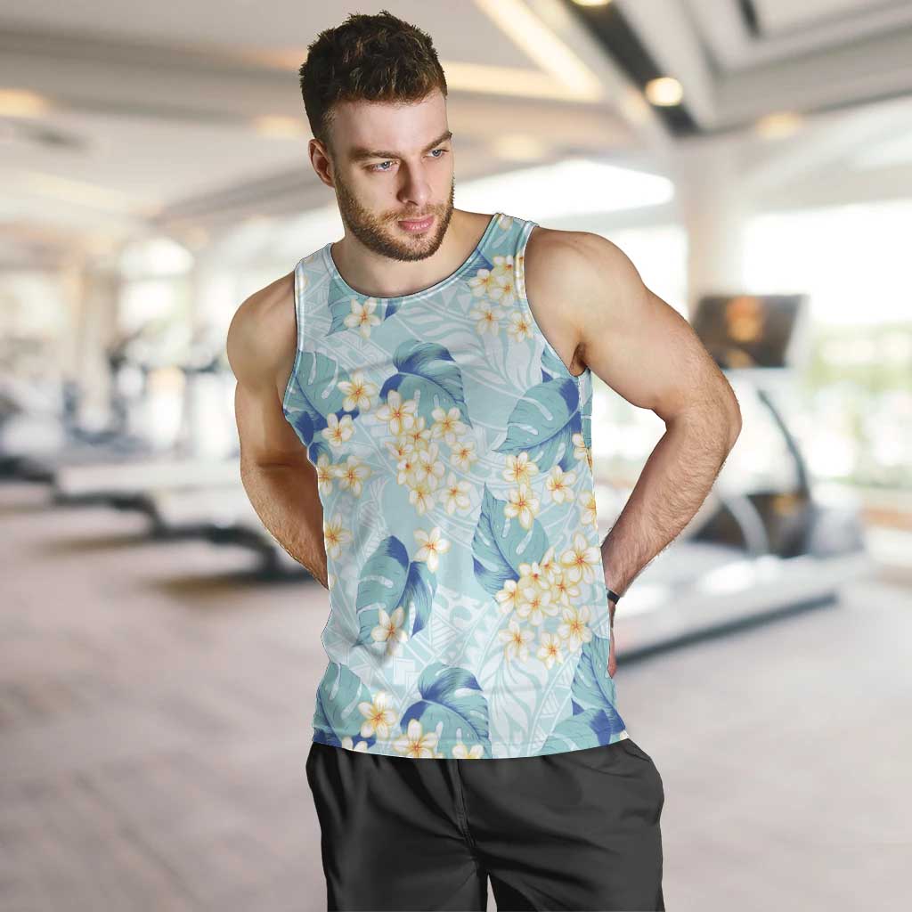 Pastel Cyan Tropical Hawaii Men Tank Top Seamless Monstera Plumeria Hawaiian Pattern - Polynesian Pride