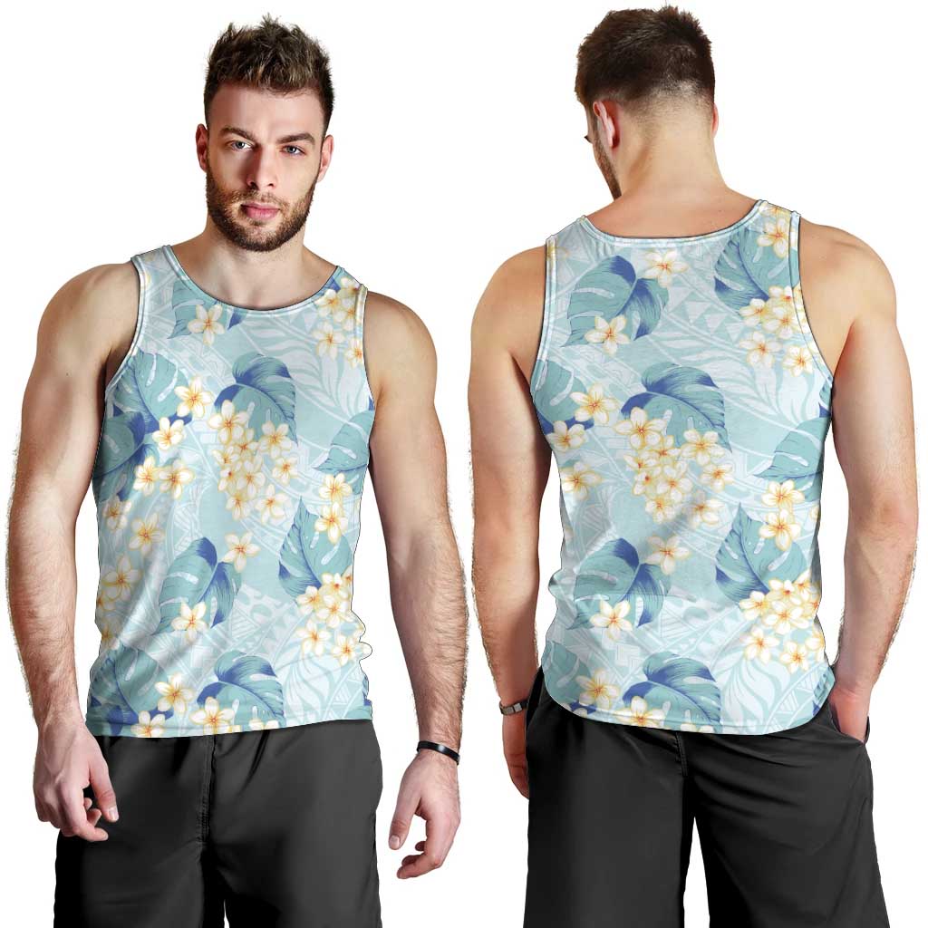 Pastel Cyan Tropical Hawaii Men Tank Top Seamless Monstera Plumeria Hawaiian Pattern - Polynesian Pride