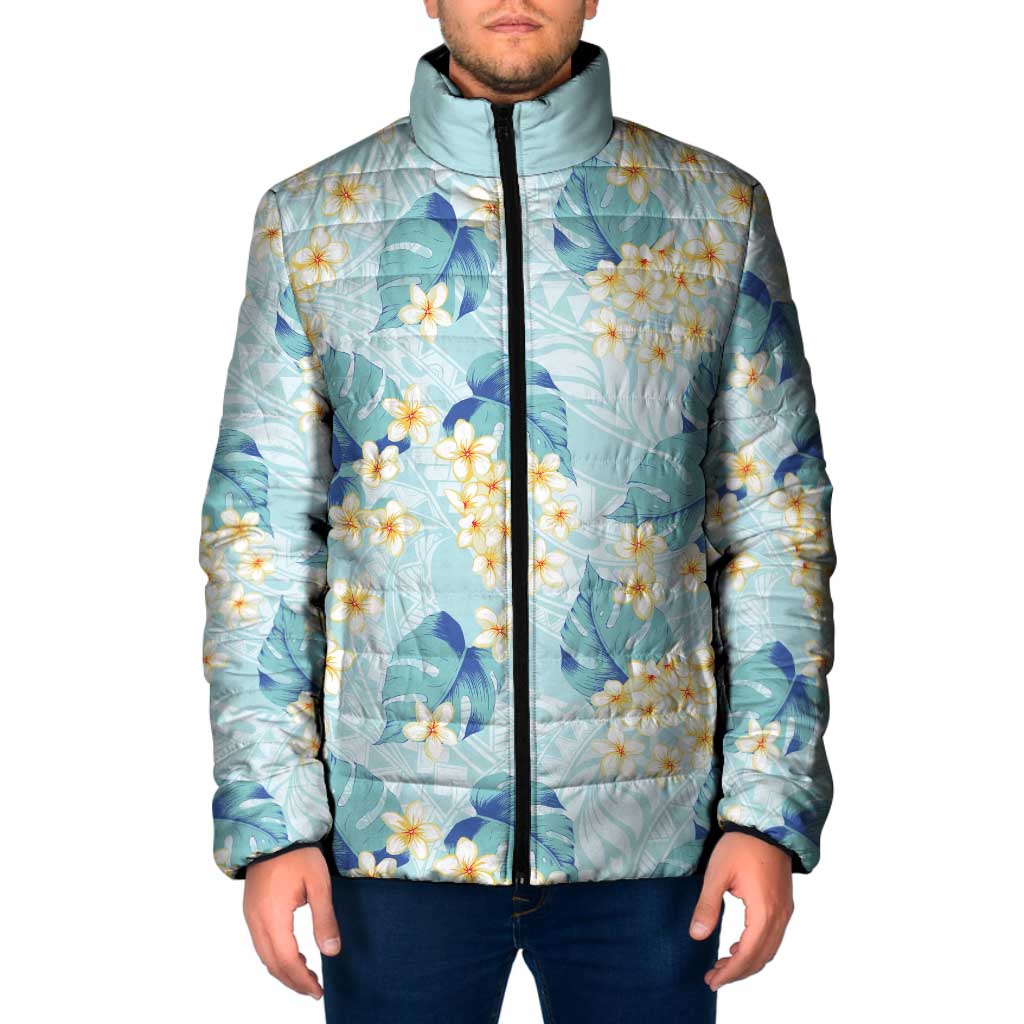 Pastel Cyan Tropical Hawaii Padded Jacket Seamless Monstera Plumeria Hawaiian Pattern LT14 Men Pastel Cyan - Polynesian Pride