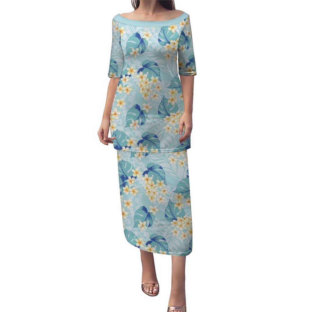 Pastel Cyan Tropical Hawaii Puletasi Seamless Monstera Plumeria Hawaiian Pattern LT14 Long Dress Pastel Cyan - Polynesian Pride
