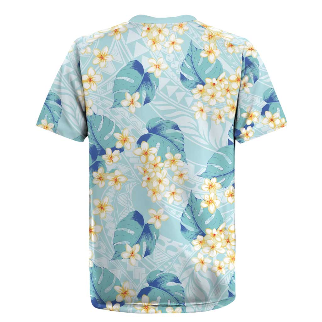 Pastel Cyan Tropical Hawaii Rugby Jersey Seamless Monstera Plumeria Hawaiian Pattern - Polynesian Pride