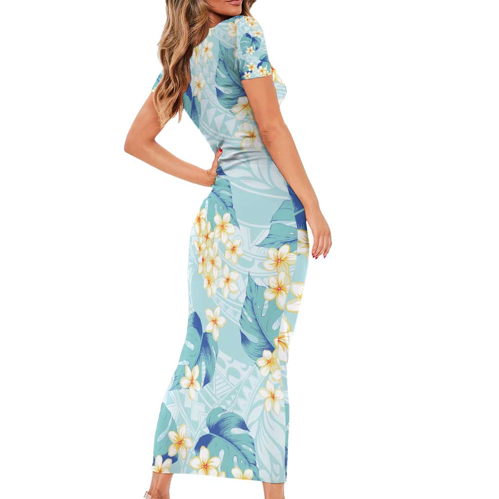 Pastel Cyan Tropical Hawaii Short Sleeve Bodycon Dress Seamless Monstera Plumeria Hawaiian Pattern - Polynesian Pride