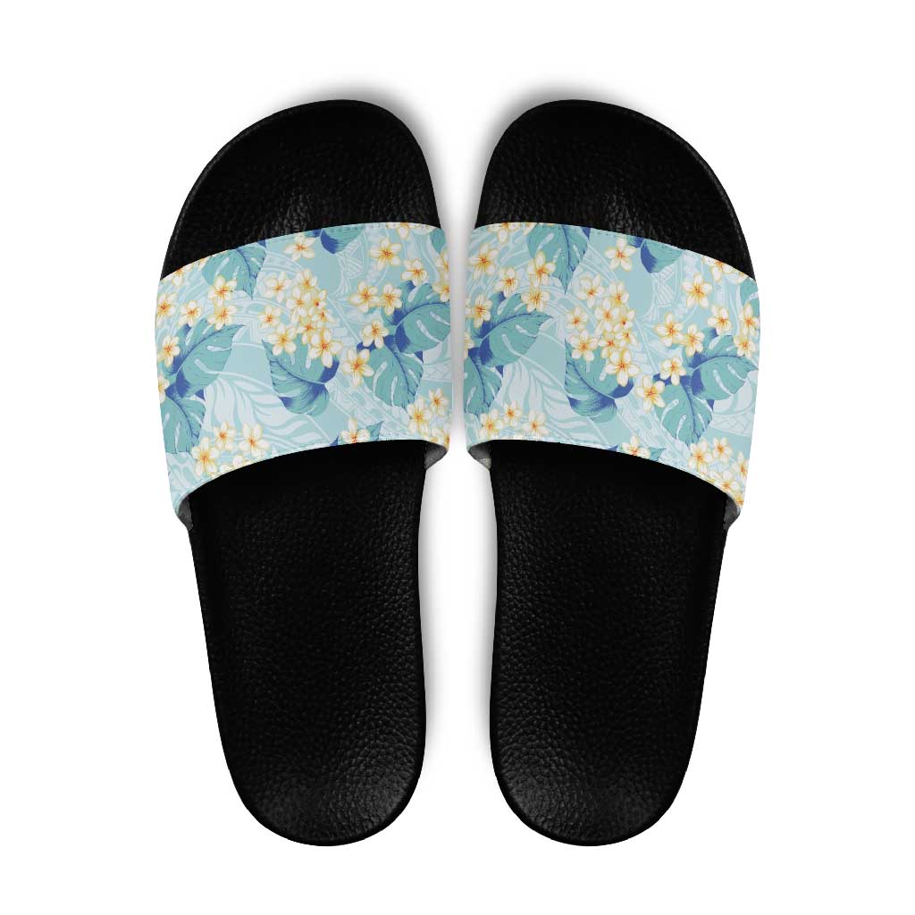 Pastel Cyan Tropical Hawaii Slide Sandals Seamless Monstera Plumeria Hawaiian Pattern - Polynesian Pride