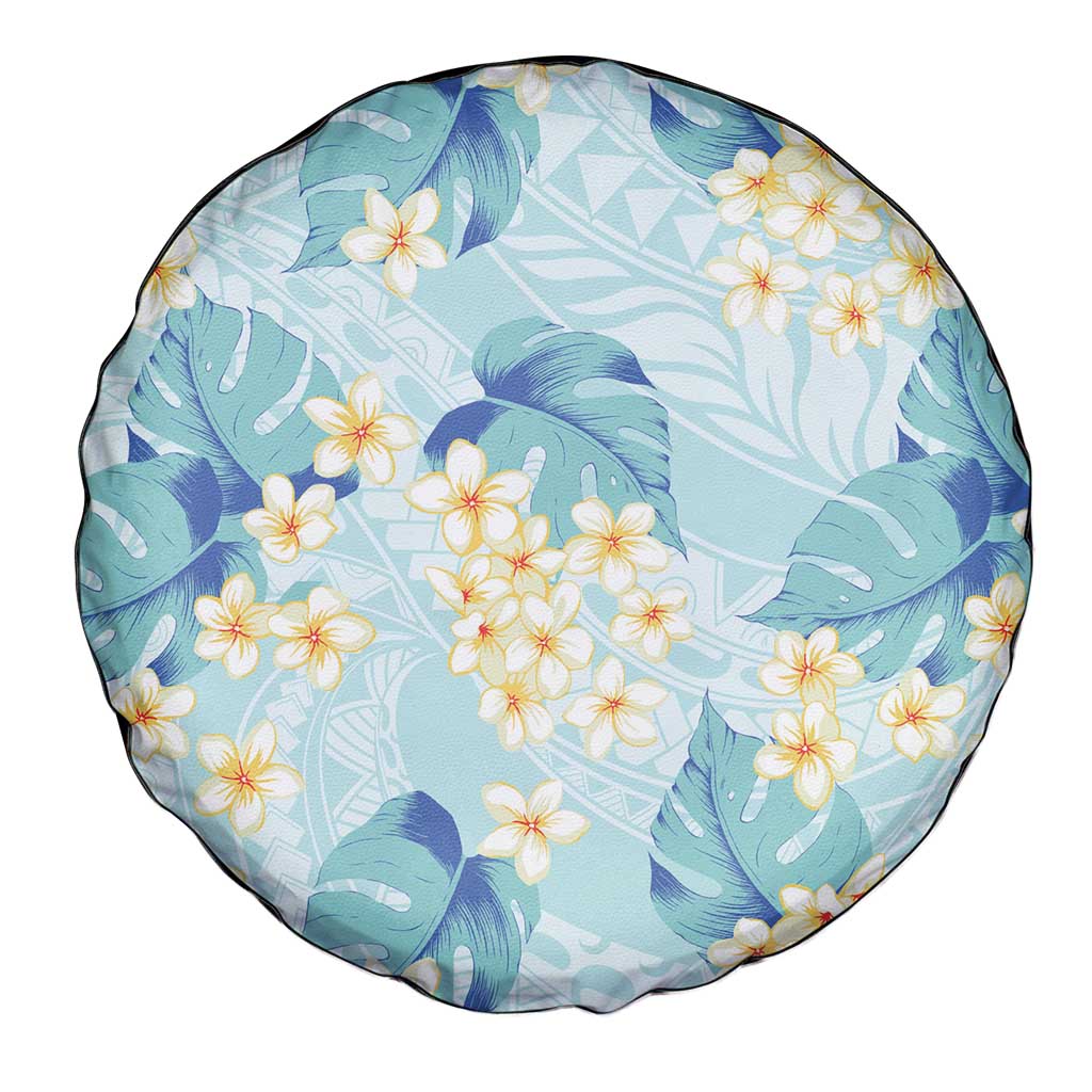 Pastel Cyan Tropical Hawaii Spare Tire Cover Seamless Monstera Plumeria Hawaiian Pattern - Polynesian Pride