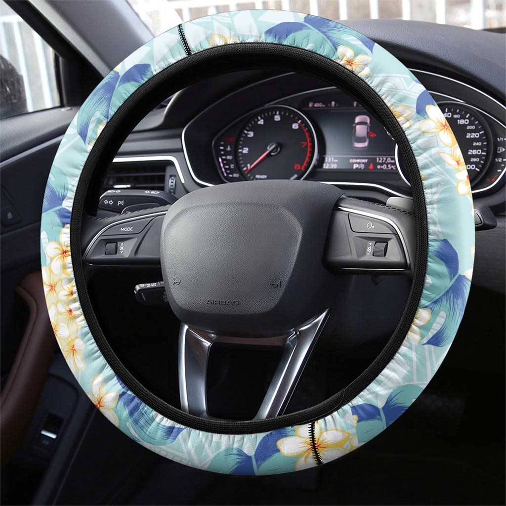 Pastel Cyan Tropical Hawaii Steering Wheel Cover Seamless Monstera Plumeria Hawaiian Pattern - Polynesian Pride