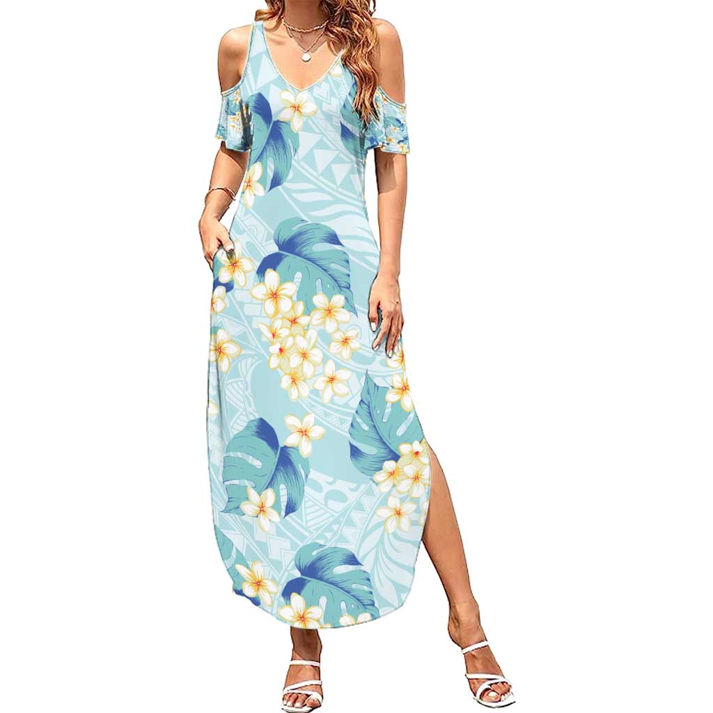Pastel Cyan Tropical Hawaii Summer Maxi Dress Seamless Monstera Plumeria Hawaiian Pattern - Polynesian Pride