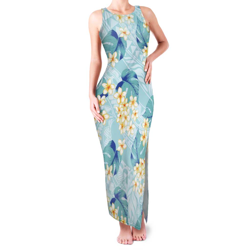 Pastel Cyan Tropical Hawaii Tank Maxi Dress Seamless Monstera Plumeria Hawaiian Pattern - Polynesian Pride