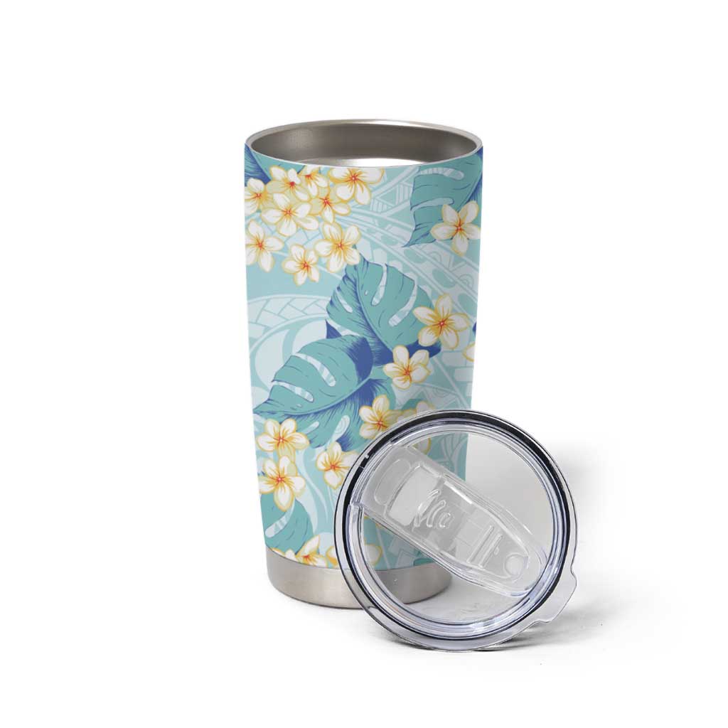 Pastel Cyan Tropical Hawaii Tumbler Cup Seamless Monstera Plumeria Hawaiian Pattern - Polynesian Pride