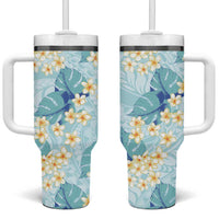 Pastel Cyan Tropical Hawaii Tumbler With Handle Seamless Monstera Plumeria Hawaiian Pattern - Polynesian Pride