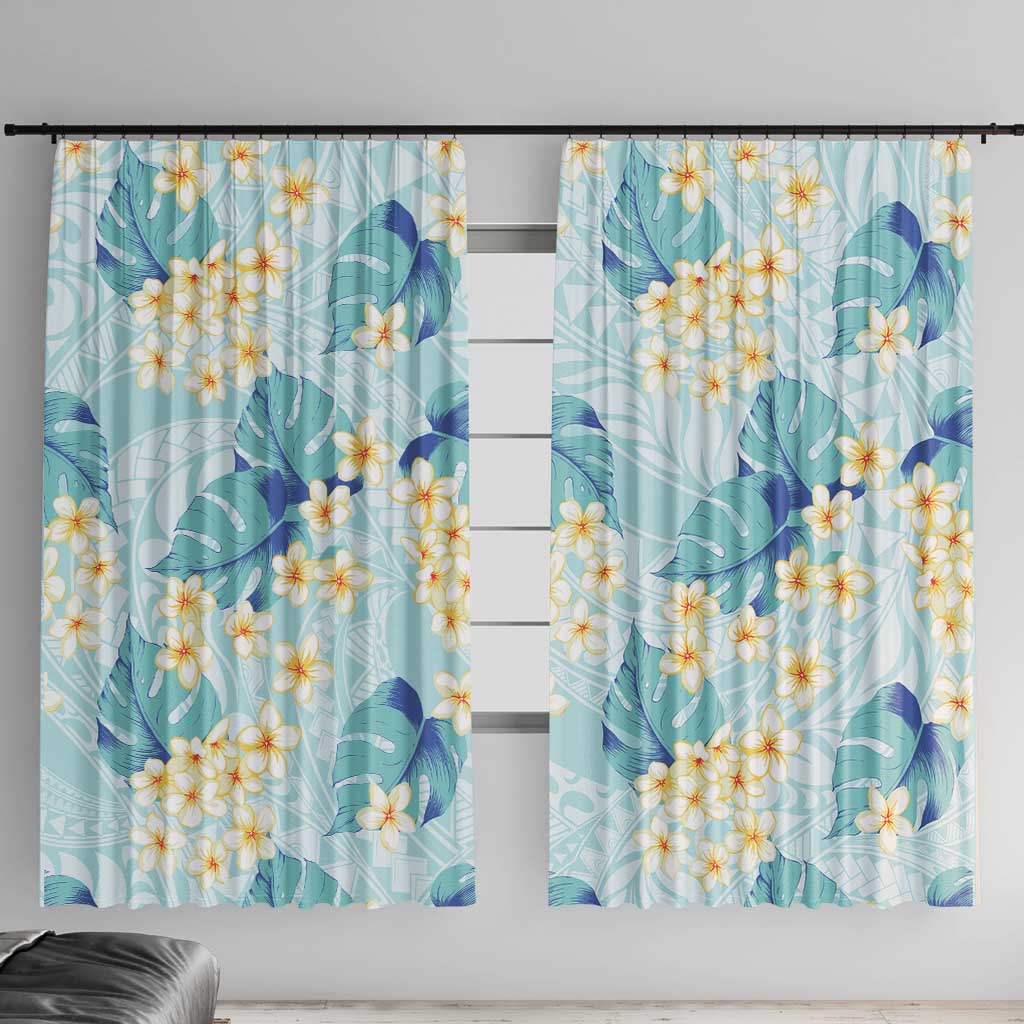 Pastel Cyan Tropical Hawaii Window Curtain Seamless Monstera Plumeria Hawaiian Pattern LT14 With Hooks Pastel Cyan - Polynesian Pride