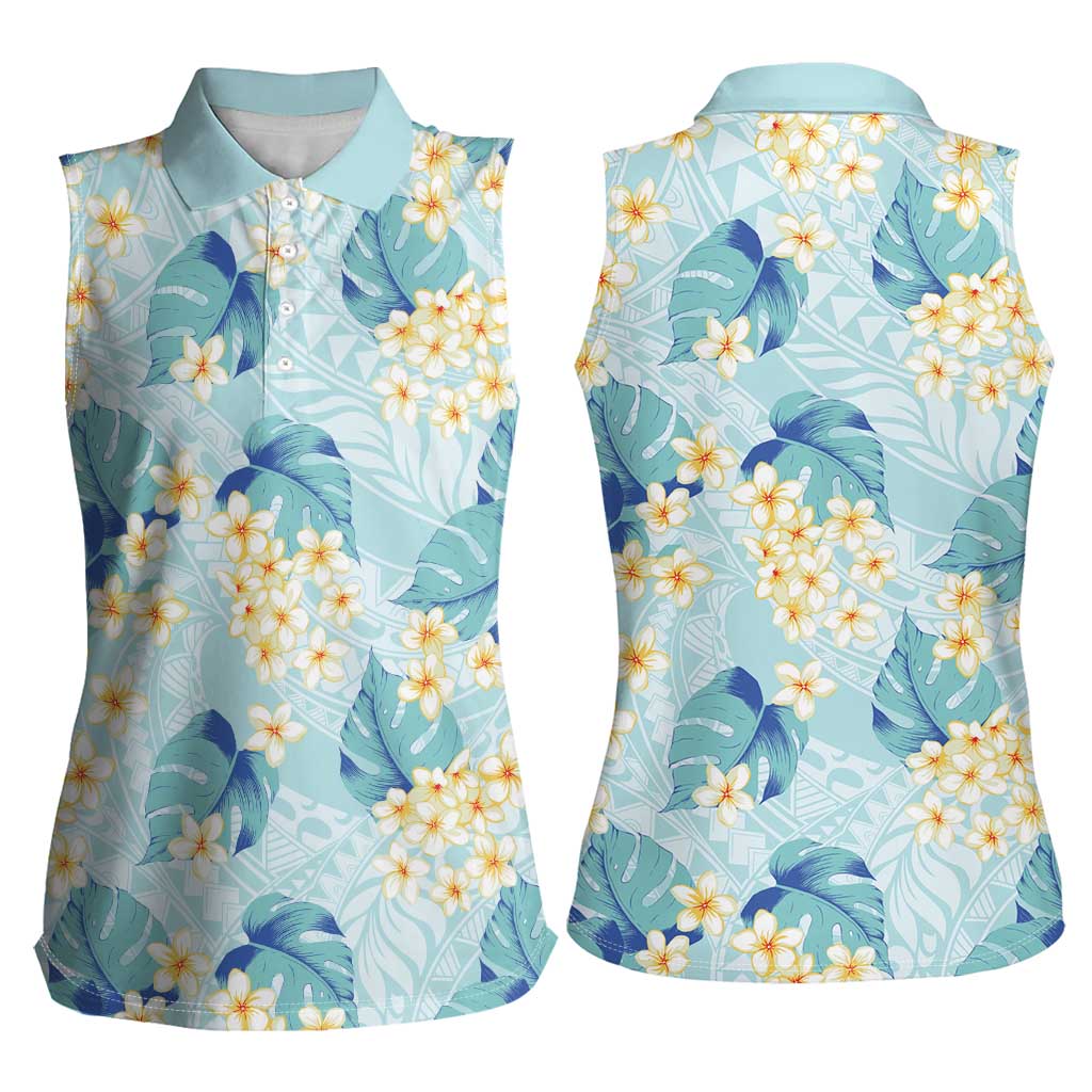 Pastel Cyan Tropical Hawaii Women Sleeveless Polo Shirt Seamless Monstera Plumeria Hawaiian Pattern LT14 - Polynesian Pride