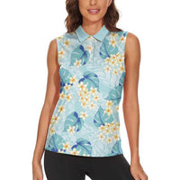 Pastel Cyan Tropical Hawaii Women Sleeveless Polo Shirt Seamless Monstera Plumeria Hawaiian Pattern LT14 - Polynesian Pride