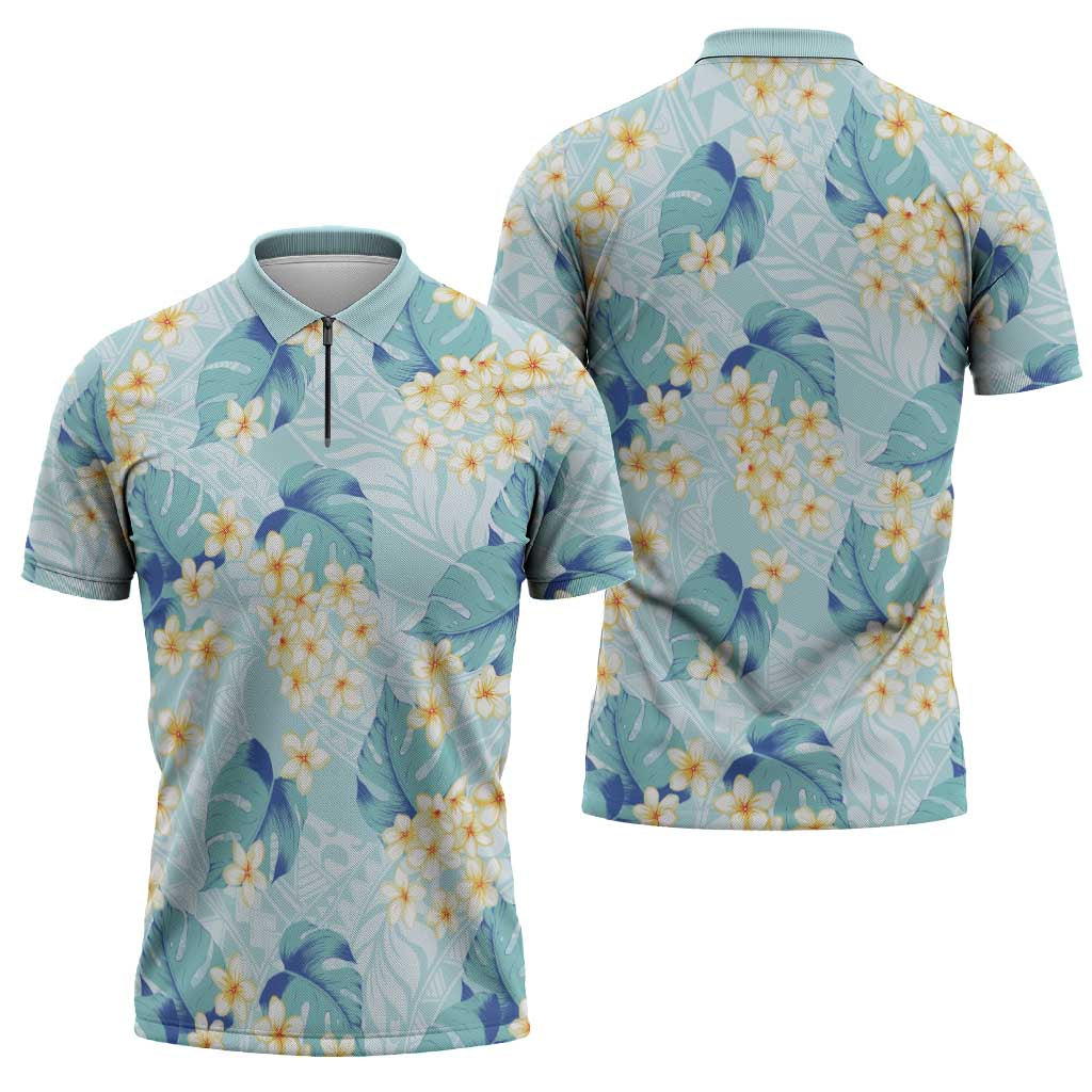 Pastel Cyan Tropical Hawaii Zipper Polo Shirt Seamless Monstera Plumeria Hawaiian Pattern - Polynesian Pride