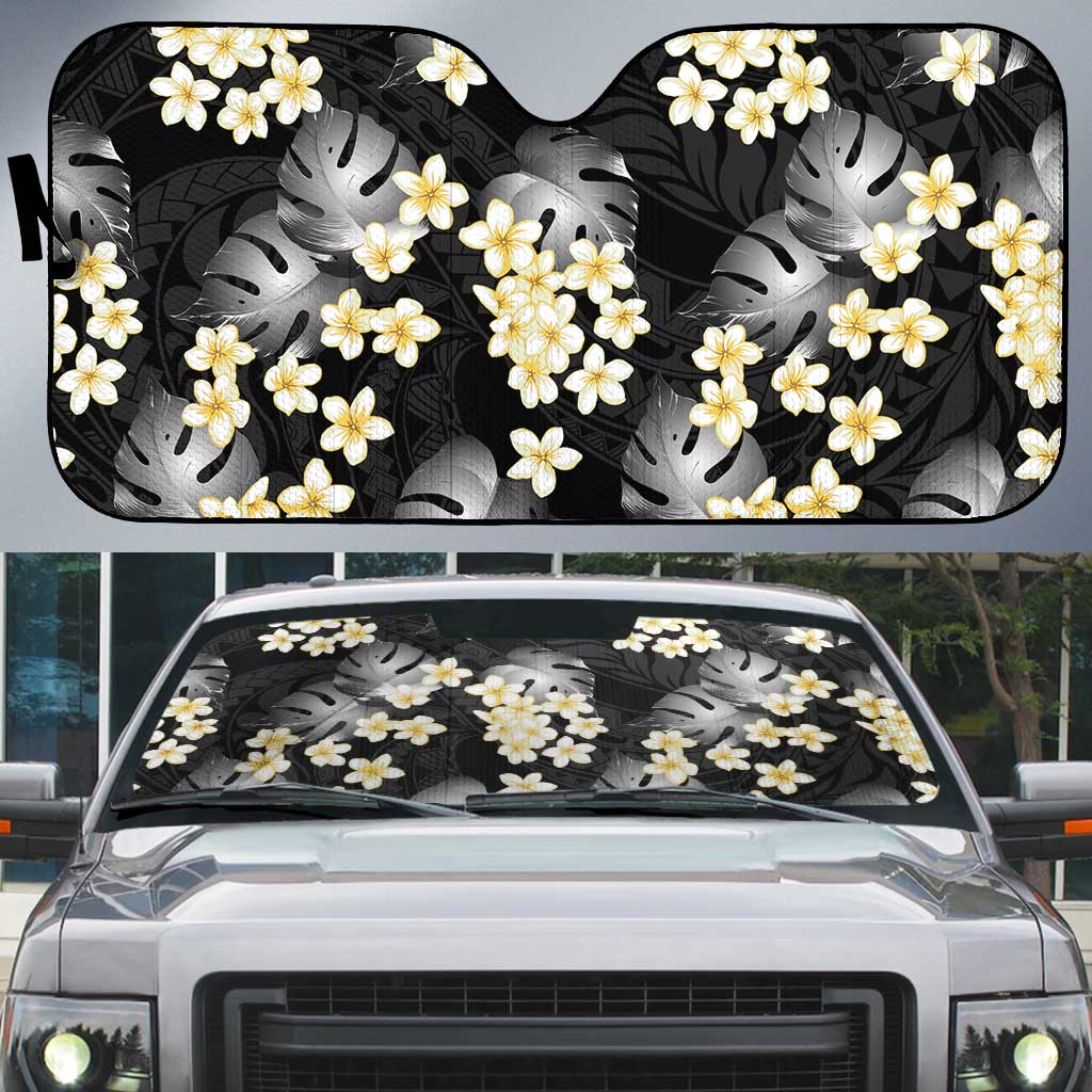 Black Tropical Hawaii Auto Sun Shade Seamless Monstera Plumeria Hawaiian Pattern - Polynesian Pride