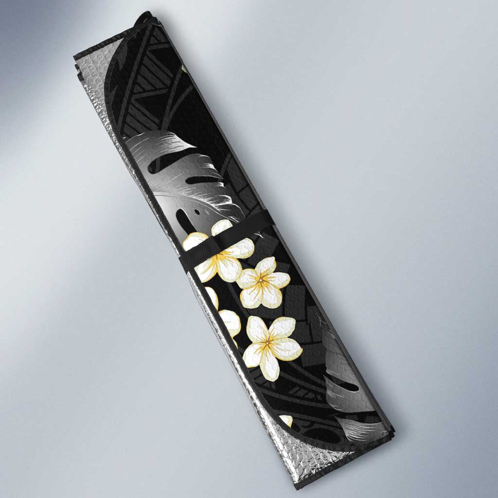 Black Tropical Hawaii Auto Sun Shade Seamless Monstera Plumeria Hawaiian Pattern - Polynesian Pride