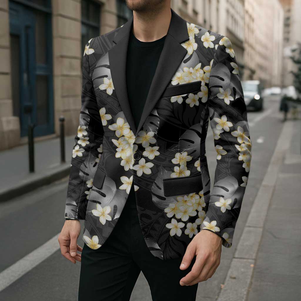 Black Tropical Hawaii Blazer Seamless Monstera Plumeria Hawaiian Pattern LT14 - Polynesian Pride