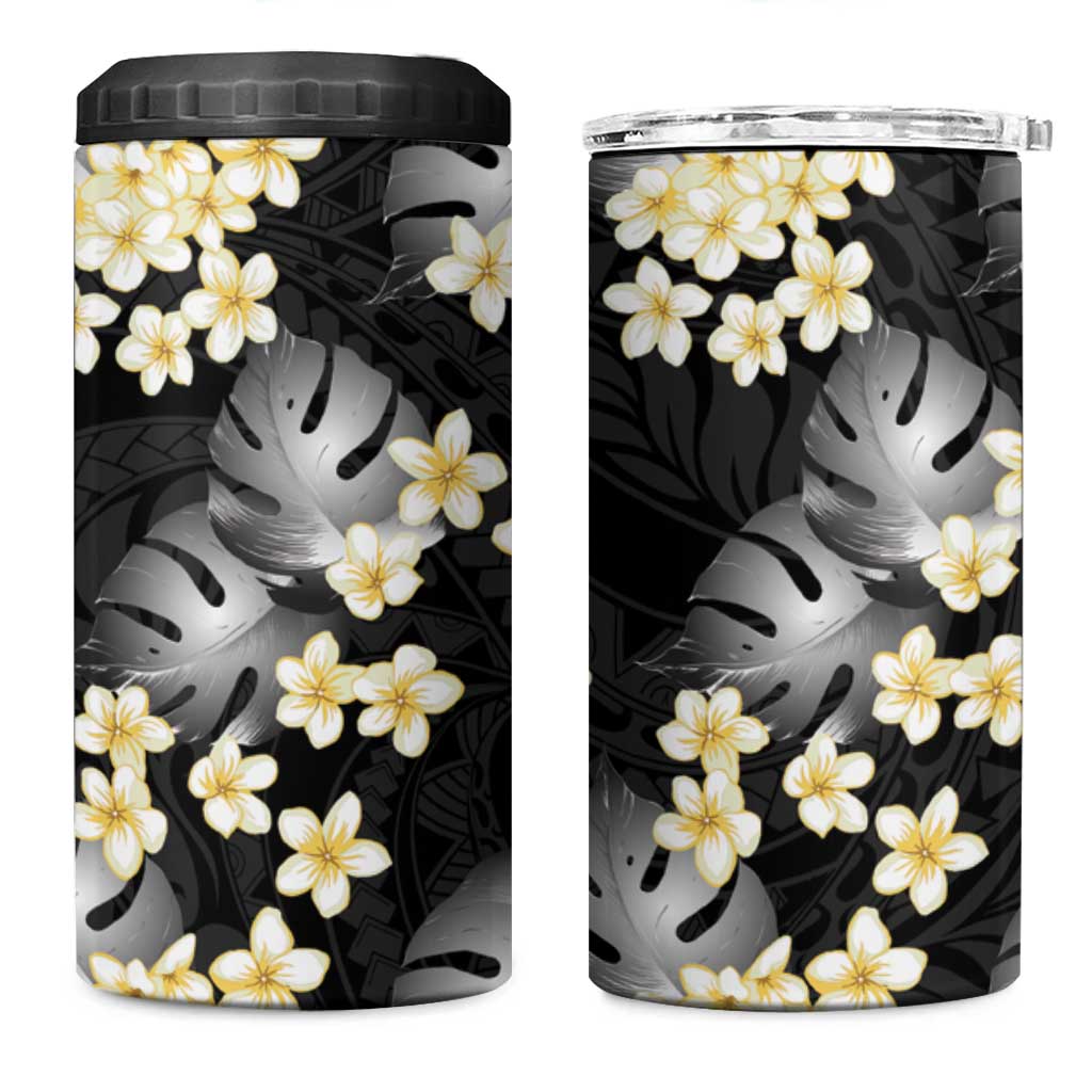 Black Tropical Hawaii 4 in 1 Can Cooler Tumbler Seamless Monstera Plumeria Hawaiian Pattern - Polynesian Pride