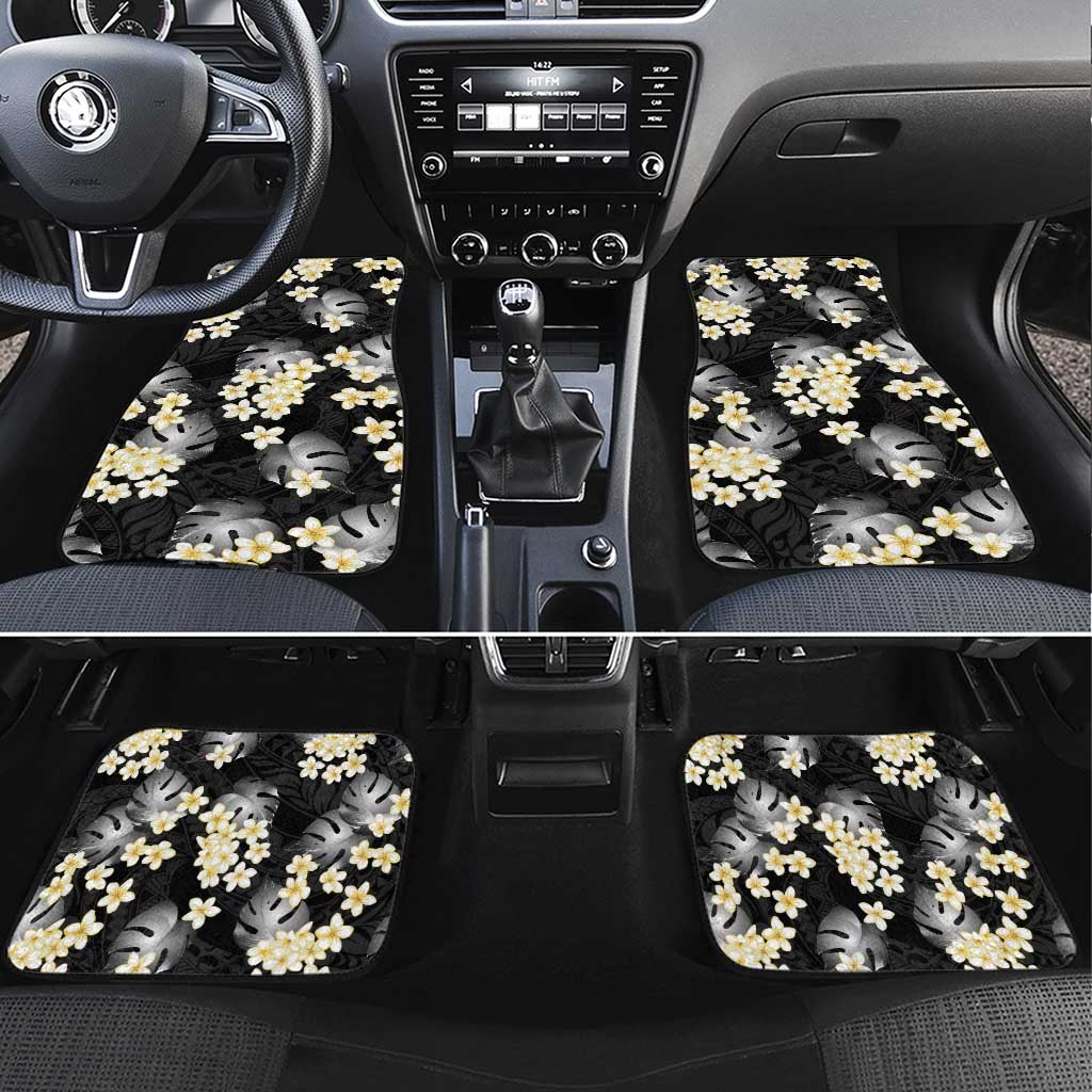 Black Tropical Hawaii Car Mats Seamless Monstera Plumeria Hawaiian Pattern - Polynesian Pride
