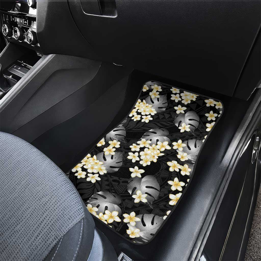 Black Tropical Hawaii Car Mats Seamless Monstera Plumeria Hawaiian Pattern - Polynesian Pride