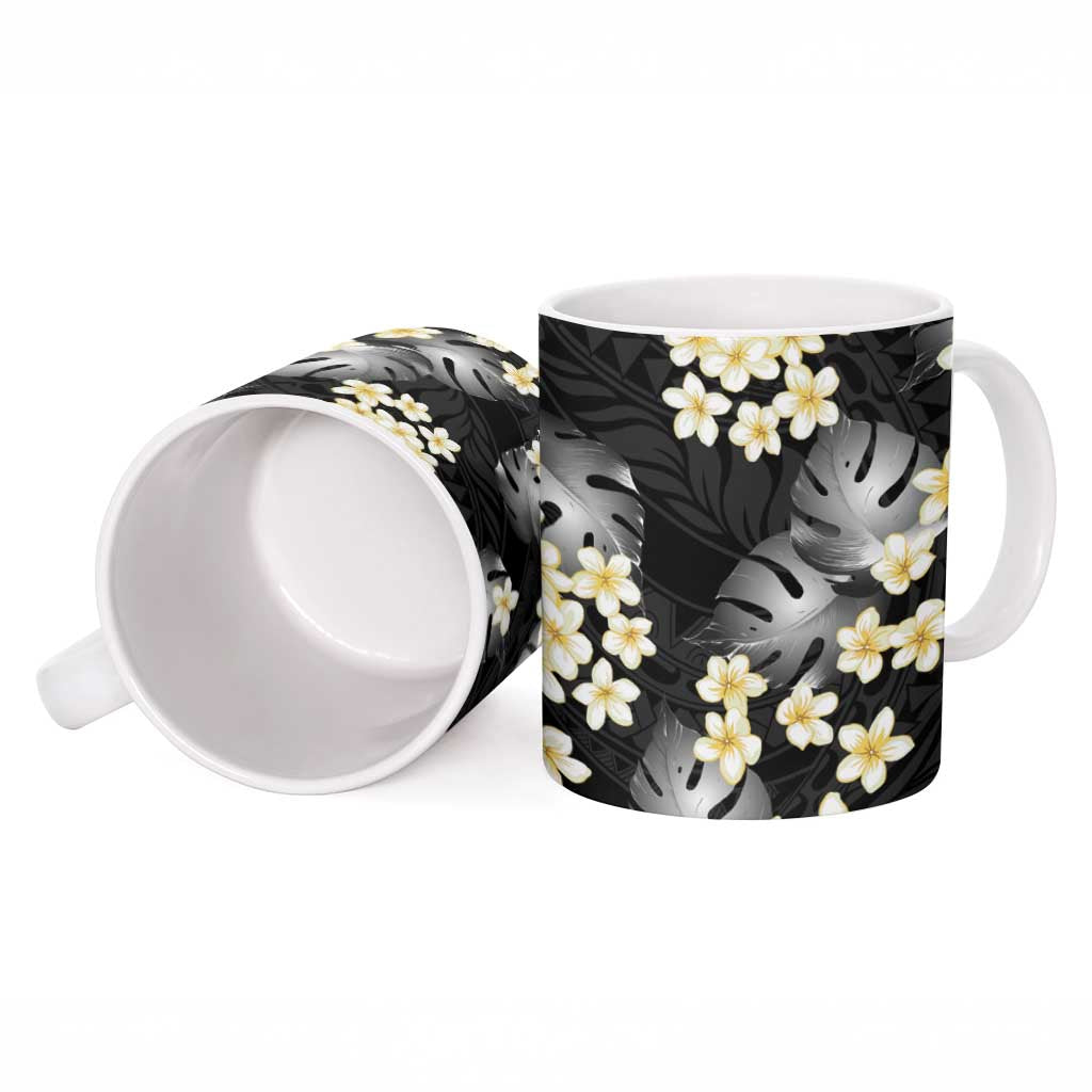 Black Tropical Hawaii Ceramic Mug Seamless Monstera Plumeria Hawaiian Pattern LT14 - Polynesian Pride