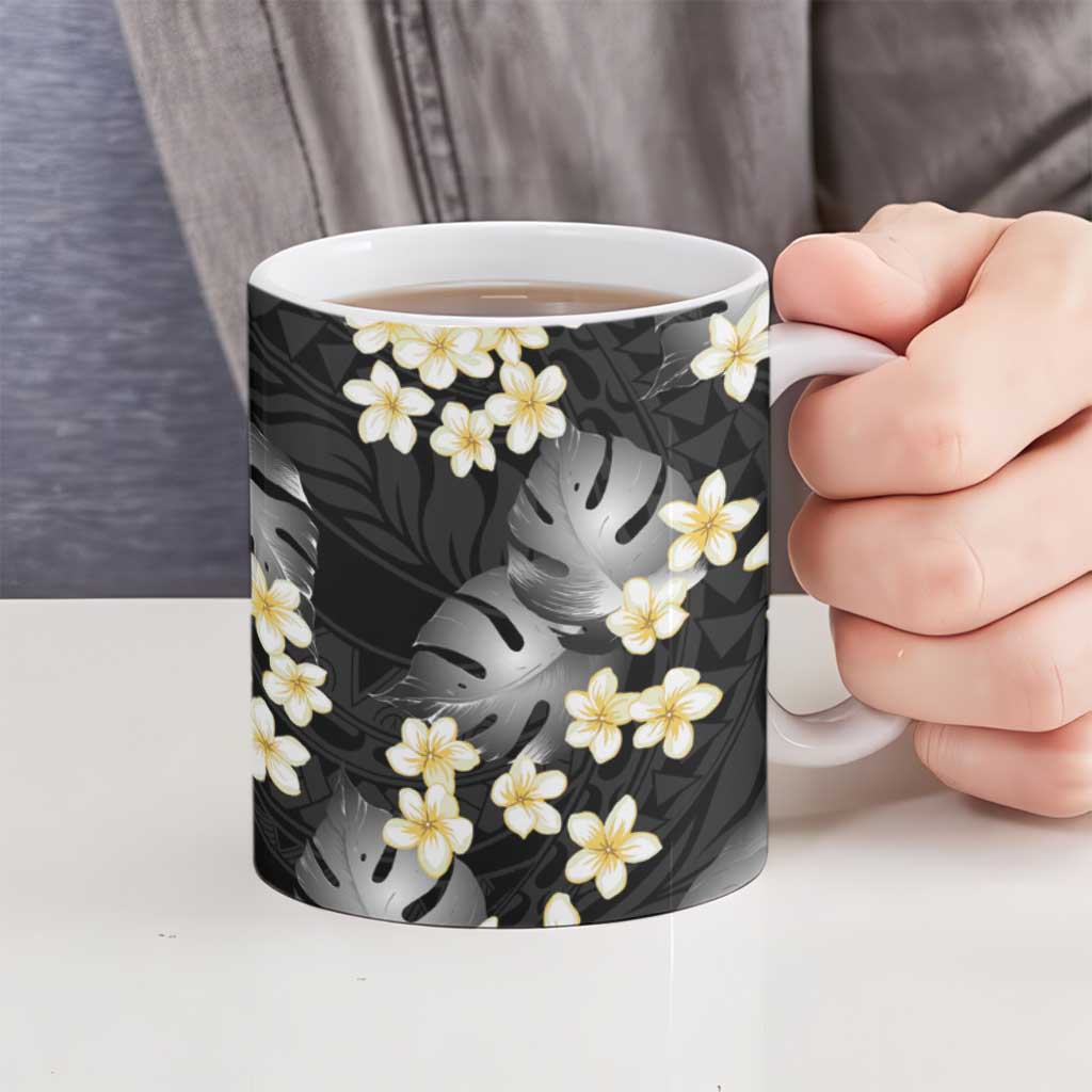 Black Tropical Hawaii Ceramic Mug Seamless Monstera Plumeria Hawaiian Pattern LT14 - Polynesian Pride