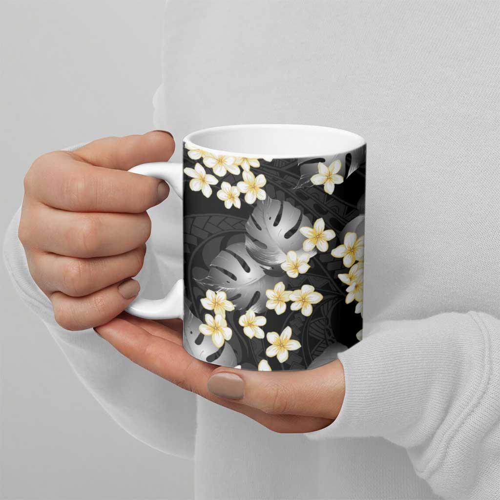 Black Tropical Hawaii Ceramic Mug Seamless Monstera Plumeria Hawaiian Pattern LT14 - Polynesian Pride